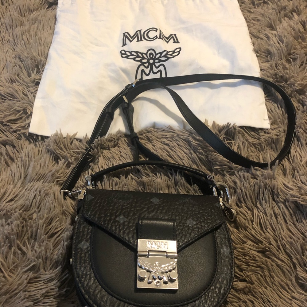 MCM Patricia Visetos Logo Saddle Bag